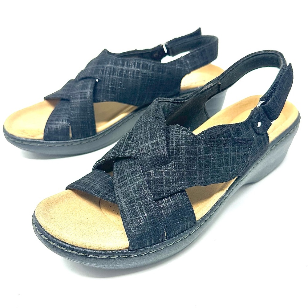 Clarks Black Cross-Strap Slingback Wedge Sandals